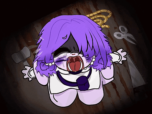 a drawing of a girl with purple hair and a hammer and scissors in the background