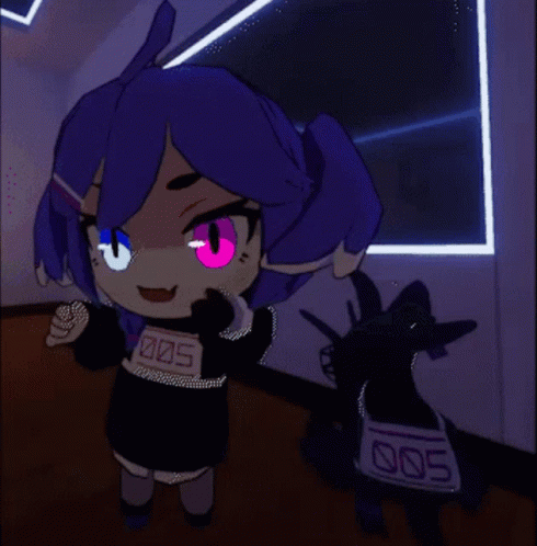 A Drawing Of A Girl With Purple Hair And A Purse With The Number 005 On It GIF