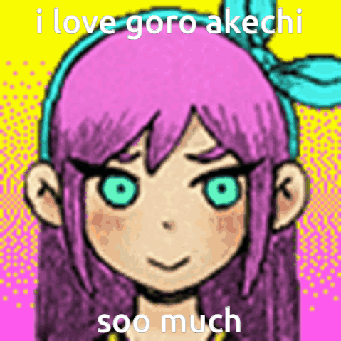 A Drawing Of A Girl With Purple Hair And Green Eyes With The Words I Love Goro Akchi Soo Much GIF
