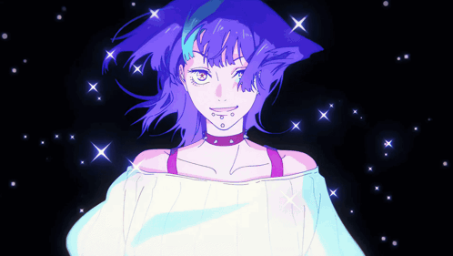 A Drawing Of A Girl With Purple Hair And Stars Around Her GIF