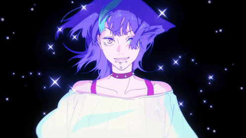 A Drawing Of A Girl With Purple Hair And Stars Around Her GIF