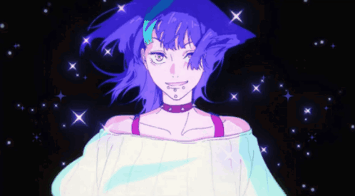 A Drawing Of A Girl With Purple Hair And Stars In The Background GIF