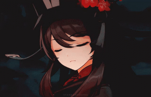 A Drawing Of A Girl With Red Eyes And A Hat With A Flower On It GIF