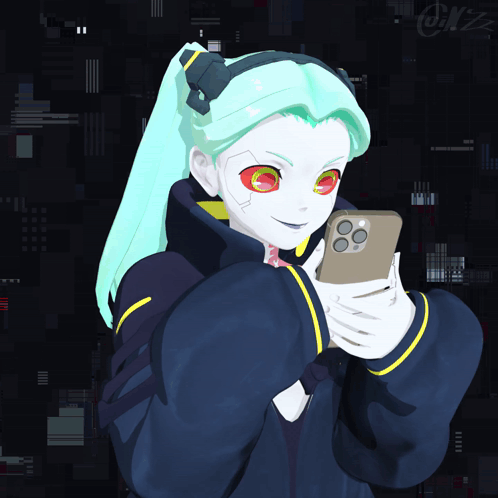 A Drawing Of A Girl With Red Eyes Holding A Cell Phone With The Letter N On The Bottom Right GIF