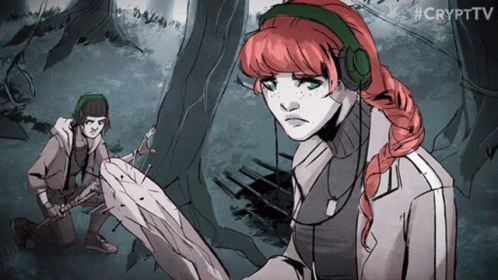 A Drawing Of A Girl With Red Hair And Headphones With #Crypttv In The Upper Right Corner GIF