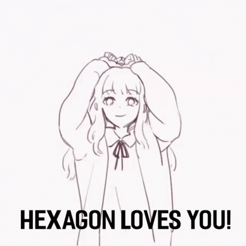 A Drawing Of A Girl With The Words Hexagon Loves You Below It GIF
