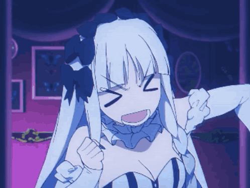A Drawing Of A Girl With White Hair And Blue Bows On Her Head GIF