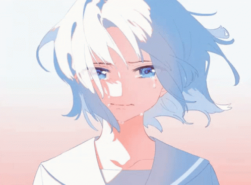 A Drawing Of A Girl With White Hair And Blue Eyes Crying GIF