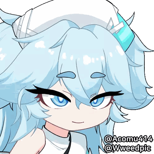 a drawing of a girl with white hair and blue eyes has the name acomu414 at the bottom
