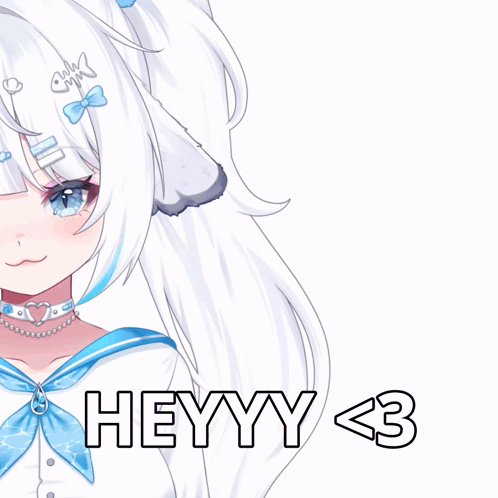 A Drawing Of A Girl With White Hair And The Words Heyyy < 3 Below Her GIF