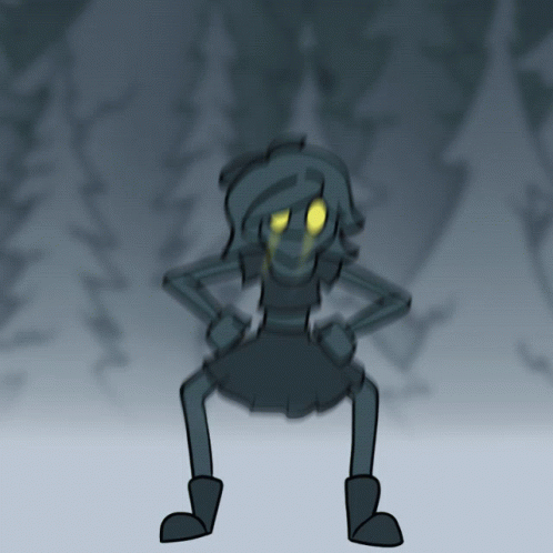 a drawing of a girl with yellow eyes standing in a forest