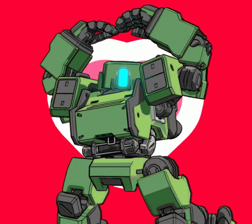 A Drawing Of A Green Robot With A Heart In The Background GIF