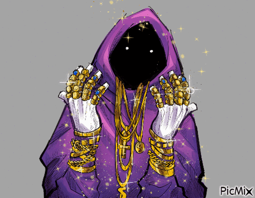 A Drawing Of A Grim Reaper Wearing A Purple Hood And Gold Jewelry GIF