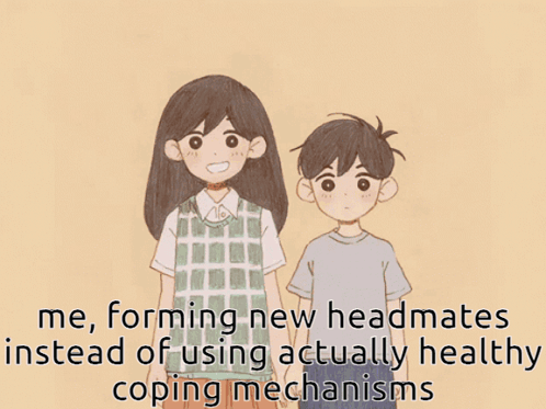 A Drawing Of A Group Of Children With The Caption " Me Forming New Headmates Instead Of Using Actually Healthy Coping Me GIF