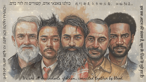 A Drawing Of A Group Of Men With The Words " We Are All Descendants Of Adam Connected Together By Blood " GIF