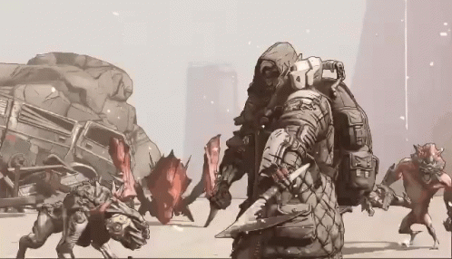 A Drawing Of A Group Of Monsters Including A Man With A Hood GIF