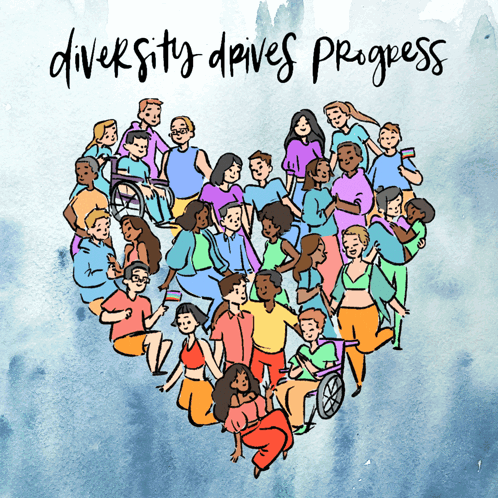 A Drawing Of A Group Of People With The Words " Diversity Drives Progress " Below Them GIF
