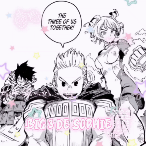 A Drawing Of A Group Of People With The Words " The Three Of Us Together " Above Them GIF