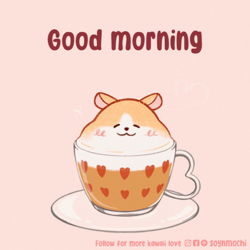 A Drawing Of A Hamster In A Cup Of Coffee With The Words " Good Morning " Below It GIF