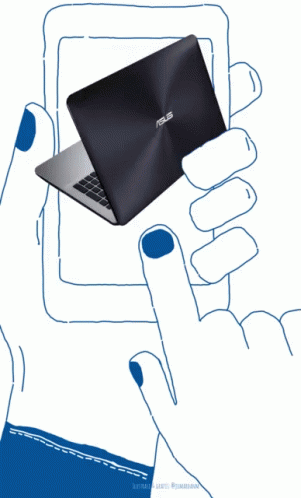 A Drawing Of A Hand Holding A Laptop That Says Asus On It GIF
