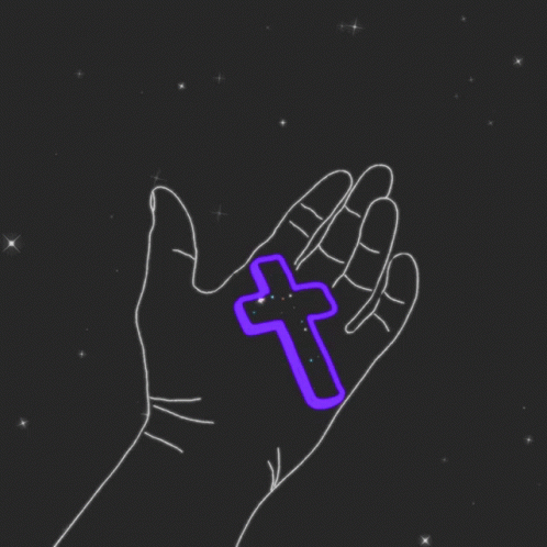 A Drawing Of A Hand Holding A Purple Cross With A Star In The Background GIF