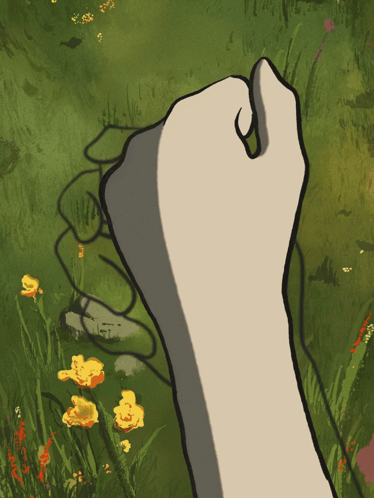 A Drawing Of A Hand Reaching Out Towards A Field Of Yellow Flowers GIF