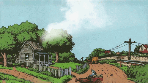 A Drawing Of A Horse Drawn Carriage Going Down A Dirt Road With A House In The Background GIF