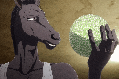 A Drawing Of A Horse Holding A Melon In Its Hands GIF