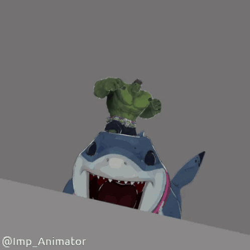 A Drawing Of A Hulk Standing On Top Of A Shark GIF