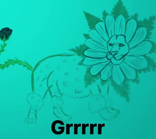 A Drawing Of A Lion With A Flower On Its Head And The Word Grrrr Below It GIF