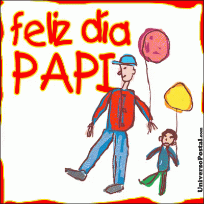 A Drawing Of A Man And A Boy Holding Balloons That Says Feliz Dia Papi Te Quiero Muuucho GIF