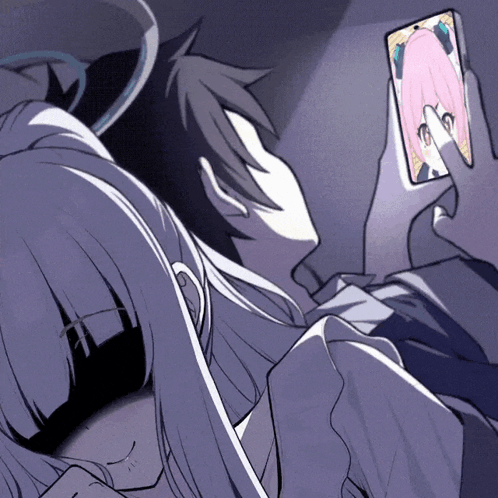 a drawing of a man and a girl looking at a phone