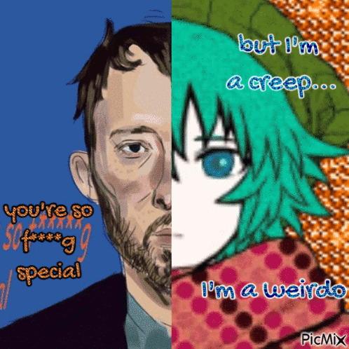 A Drawing Of A Man And A Girl With The Words But I 'M A Creep Written On It GIF