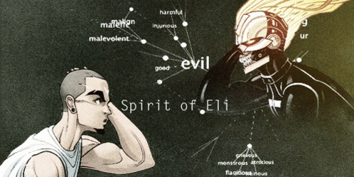 A Drawing Of A Man And A Robot With The Words Spirit Of Eli Written On The Bottom GIF