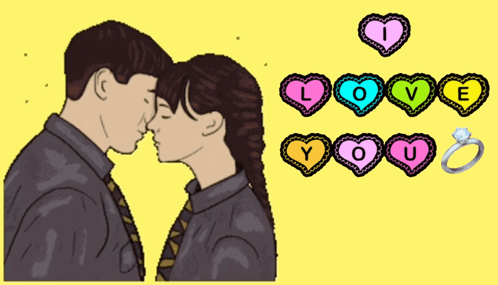 A Drawing Of A Man And A Woman Kissing With The Words " I Love You " Above Them GIF