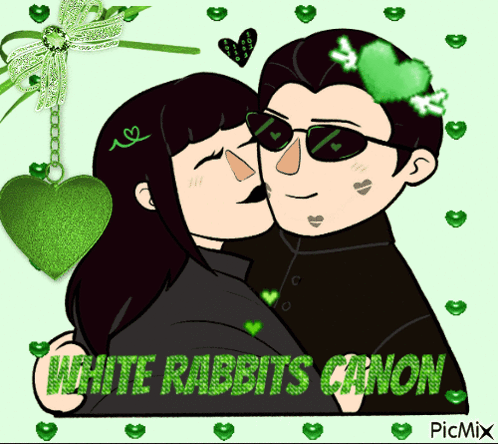 A Drawing Of A Man And A Woman Kissing With The Words White Rabbits Canon On The Bottom GIF