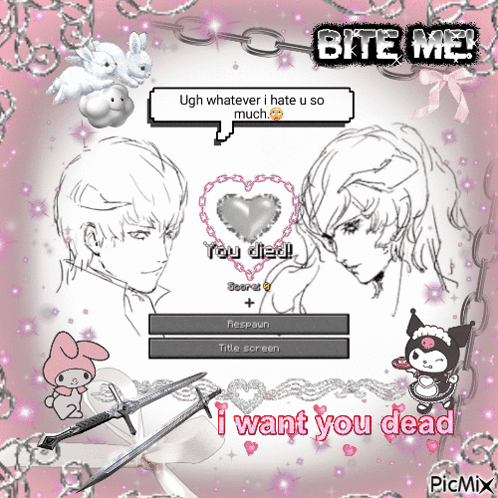 A Drawing Of A Man And A Woman With The Words " Bite Me " Above Them GIF