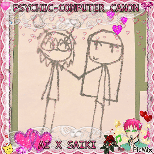 A Drawing Of A Man And Woman Holding Hands With The Words Ai X Saiki Above Them GIF