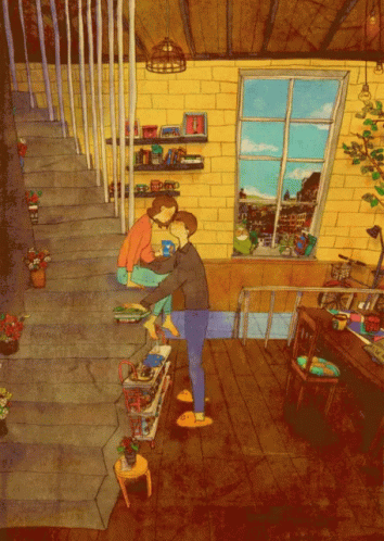 A Drawing Of A Man And Woman Hugging In A Room With A Window GIF