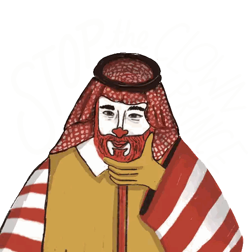 a drawing of a man dressed as a mcdonald 's clown with the words stop the clown prince below him