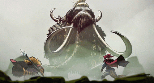 A Drawing Of A Man Fighting A Mammoth GIF