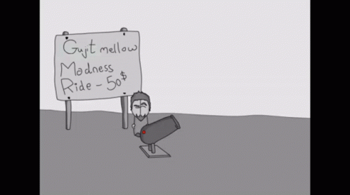 A Drawing Of A Man Holding A Cannon Next To A Sign That Says 50 Cents GIF