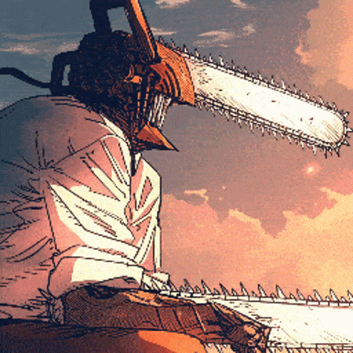 A Drawing Of A Man Holding A Chainsaw With Spikes GIF