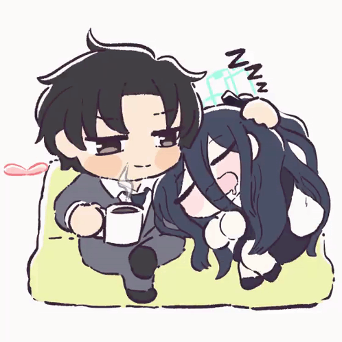 A Drawing Of A Man Holding A Cup Of Coffee And A Woman Sleeping Next To Him GIF