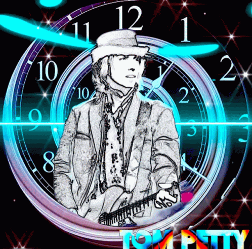 A Drawing Of A Man Holding A Guitar In Front Of A Clock That Says ' Tom Petty ' On It GIF