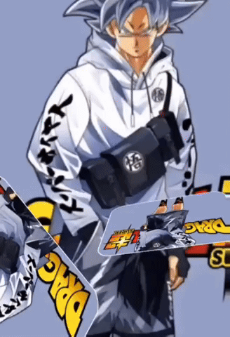 A Drawing Of A Man Holding A Skateboard With Dragon Ball Written On It GIF