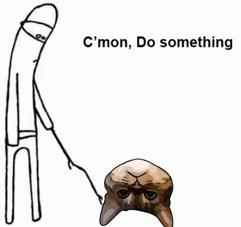 A Drawing Of A Man Holding A Stick Next To A Drawing Of A Skull That Says C ' Mon Do Something GIF