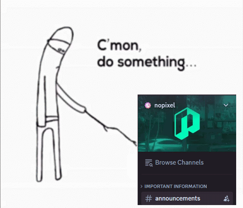 A Drawing Of A Man Holding A Stick Next To A Screen That Says " C'mon Do Something " GIF