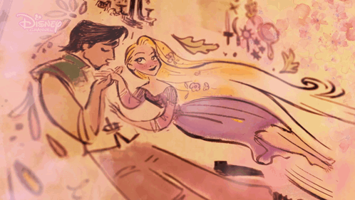 A Drawing Of A Man Holding A Woman 'S Hand With Disney Written On The Bottom Right GIF
