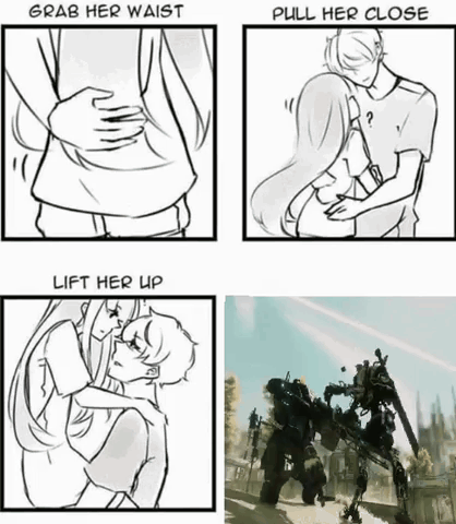 A Drawing Of A Man Hugging A Woman With The Words Grab Her Waist Pull Her Close Lift Her Up And A Picture Of A Robot GIF